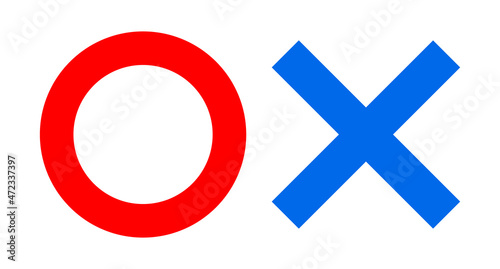 Red circle and blue cross mark. Indicates correct or incorrect answers. Vectors.