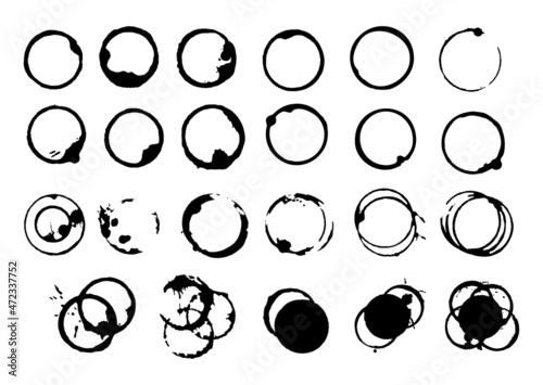 Vector black circle mug stamp spots. Dirty cup splash ring stain