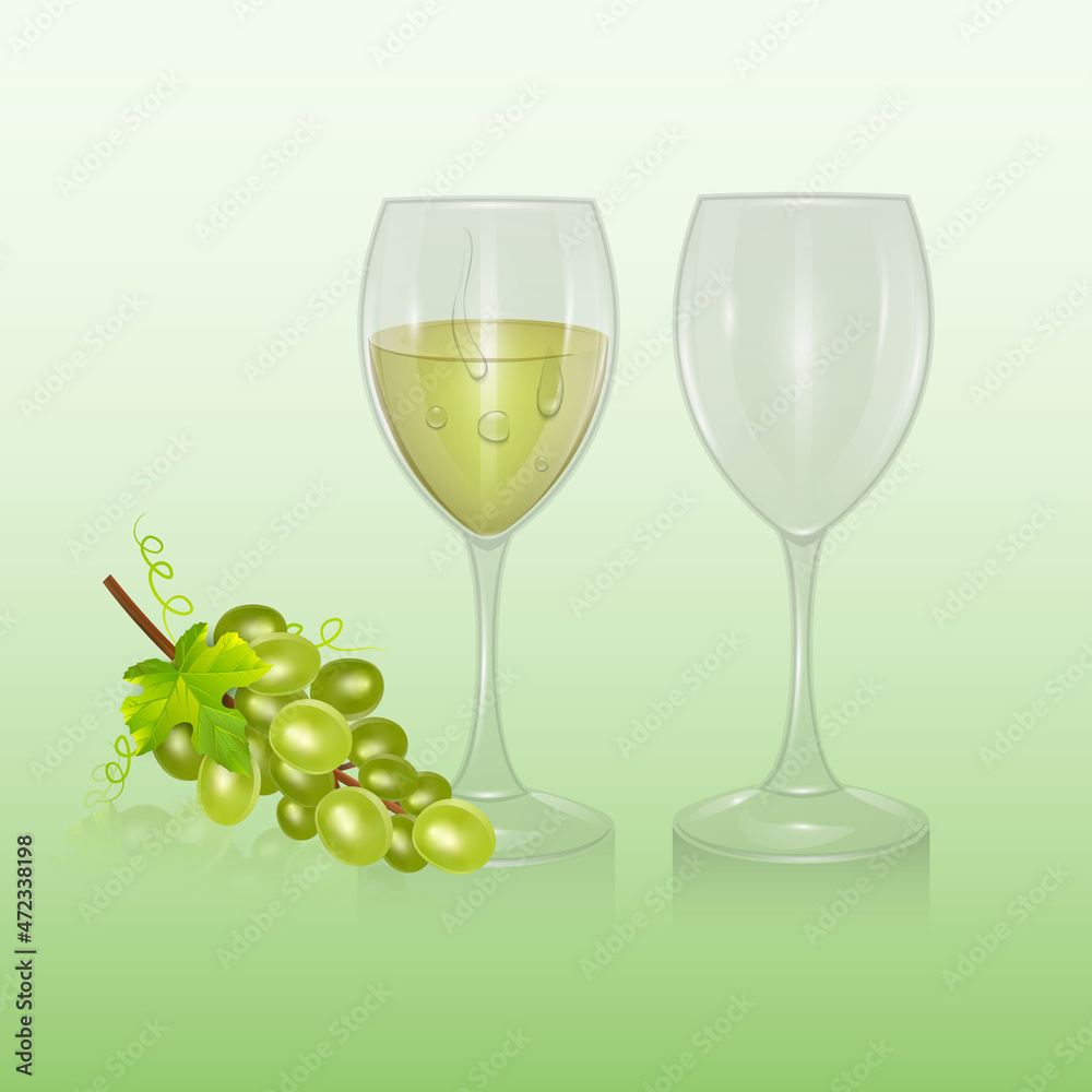 Glass of wine and a bunch of grapes in realistic style, vector format Glass of wine and a bunch of grapes in realistic style, vector format
