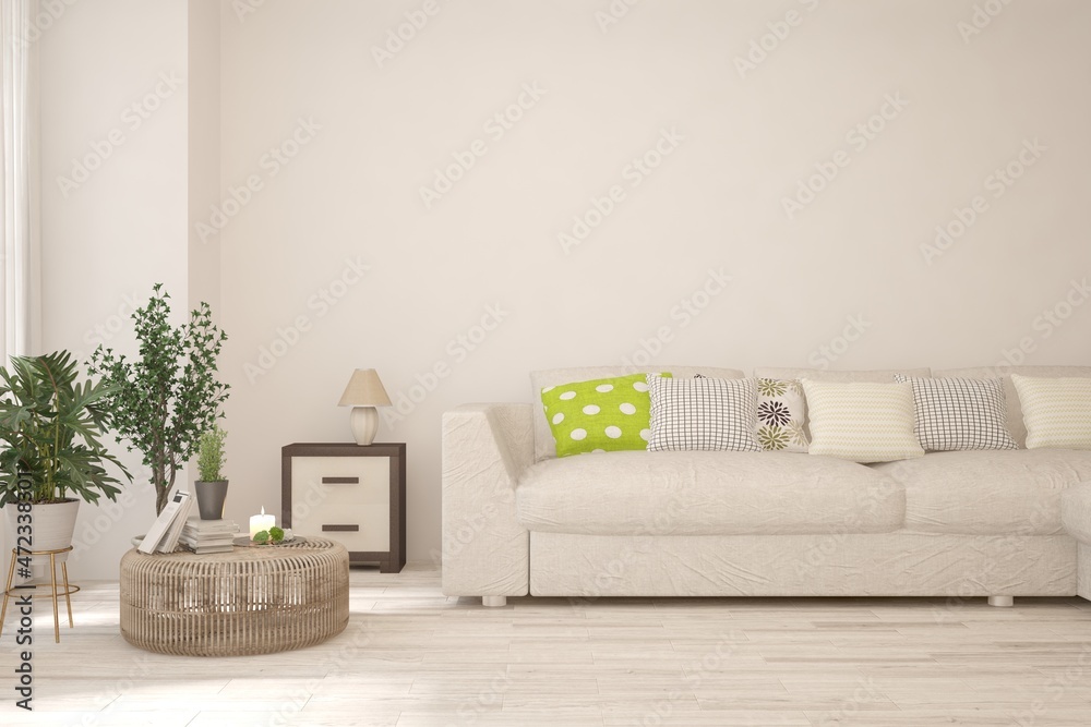 Fototapeta premium White living room with sofa. Scandinavian interior design. 3D illustration
