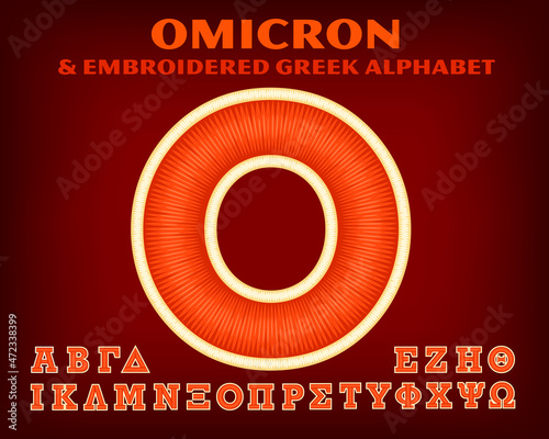 The letter Omicron and a complete capital Greek alphabet, in the style of fraternity, sorority, collegiate or sports jerseys, sweats, letter jackets, and hats.
