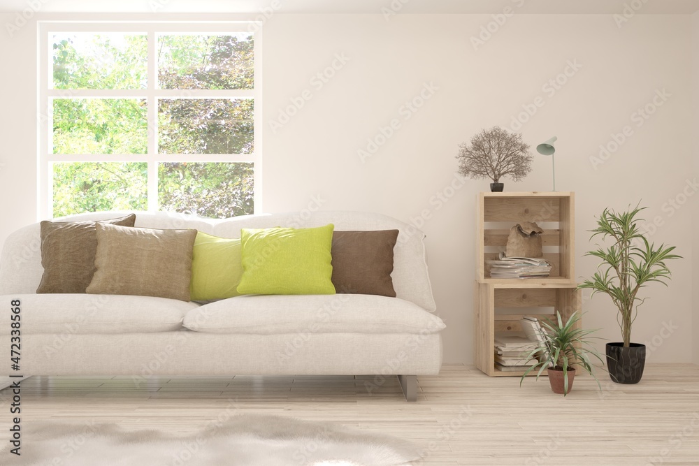 Fototapeta premium White living room with sofa and summer landscape in window. Scandinavian interior design. 3D illustration