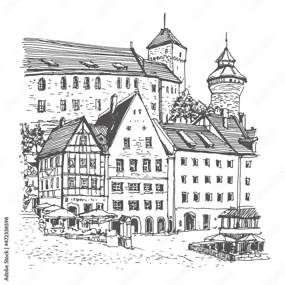 Travel sketch of Nuremberg, Germany. Historical building, castle, old houses line art. Freehand drawing. Hand drawn travel postcard. Urban sketch in black color isolated on white background. 