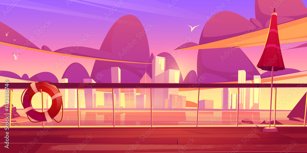 View from cruise ship deck to seascape with city buildings on horizon at sunset. Vector cartoon illustration of landscape with lake or river, skyscrapers on skyline and wooden deck with railing