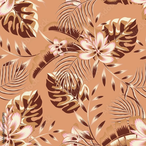 monochromatic vintage color stylish tropical banana palm leaves seamless pattern fashionable with abstract hibiscus flowers and monstera plant foliage on pastel background. Floral background. Summer 