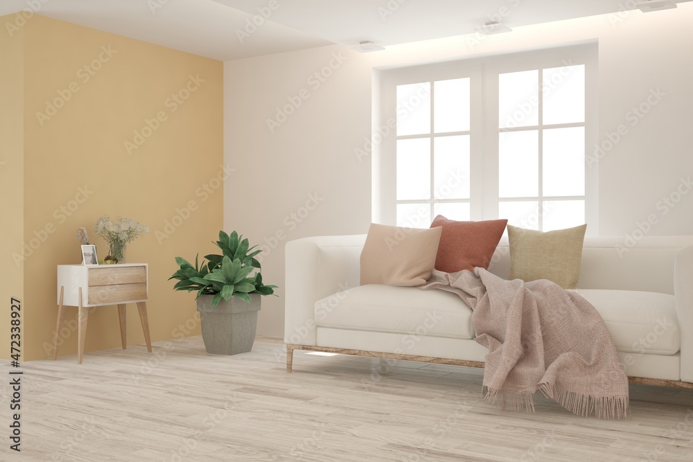 Naklejka premium White living room with sofa. Scandinavian interior design. 3D illustration
