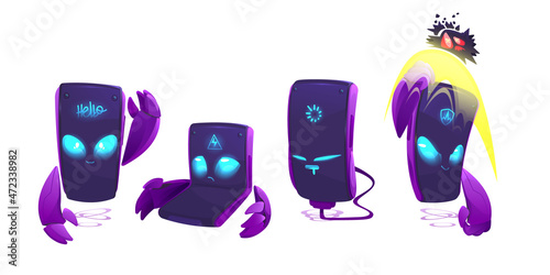 Cartoon mobile phone characters isolated set. Smartphone monster with glowing eyes and powerful arms. Mascot cellphone greeting, recharging, sleep, low and full battery energy, Vector illustration