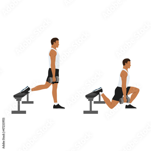Man doing Bulgarian split squats exercise. Flat vector illustration isolated on white background