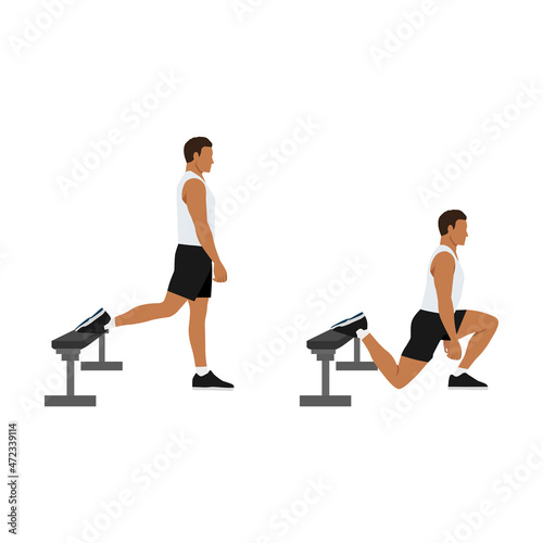 Man doing Bulgarian split squats exercise. Flat vector illustration isolated on white background