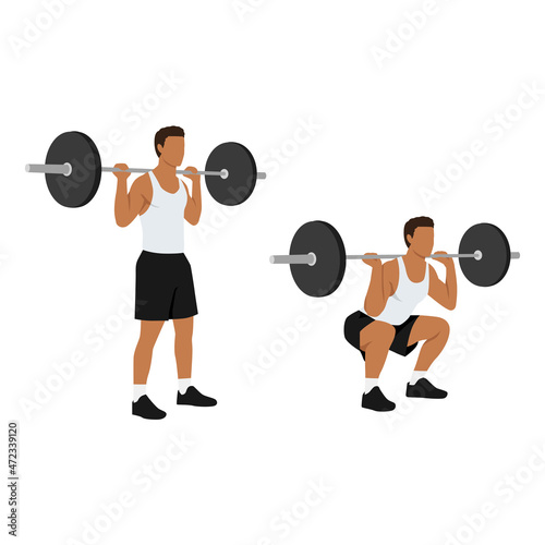 Man doing Barbell squat exercise. Flat vector illustration isolated on white background