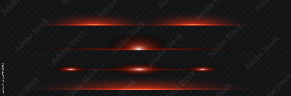 Fototapeta premium Set with white horizontal highlights. Laser beams, horizontal light beams. Beautiful flashes of light. Glowing stripes on a dark background