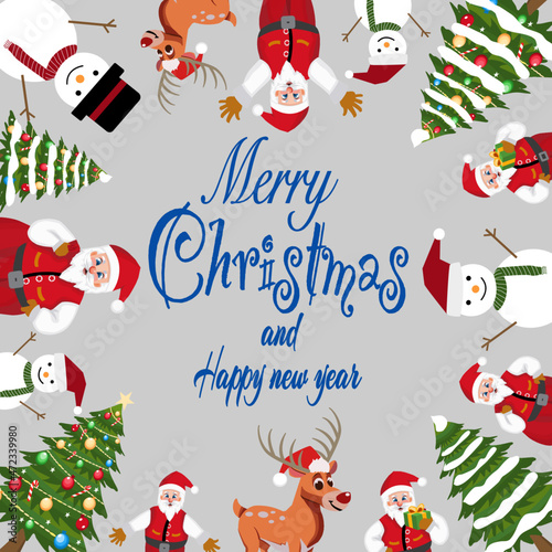 Character Cartoon Cute Christmas Day , Merry christmas happy new year festival ,santa claus hold gift box and snow man and cute reindeer, snowflake text invitation card , vector illustration.