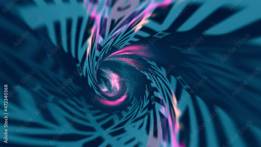 Abstract loop colorful snowflakes tunnel rotation animation. 4K 3D Art infinite loop Science Fiction colorful snowflakes hyperspace vortex tunnel. Space travel flight in grungy purple red wormhole dar