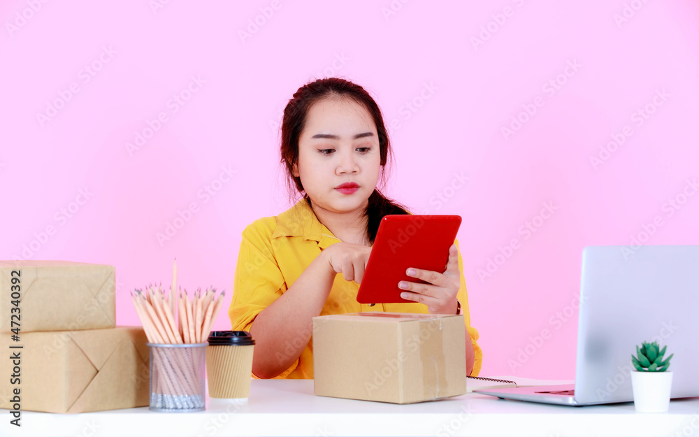 Studio shot of Asian young successful female startup entrepreneur businesswoman checking delivery shipping address for shipment package boxes from laptop computer on working desk on pink background