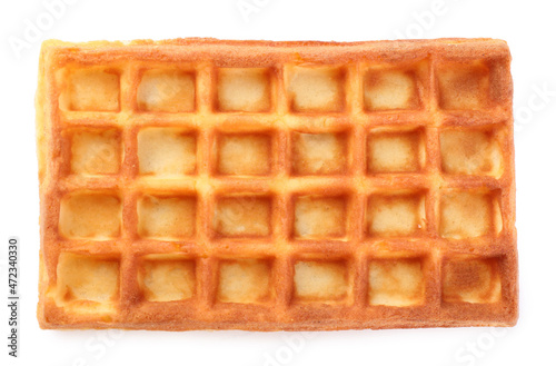 One delicious Belgian waffle isolated on white, top view