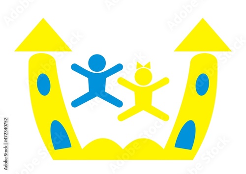 inflatable bouncy castle, playground, yellow and blue vector icon