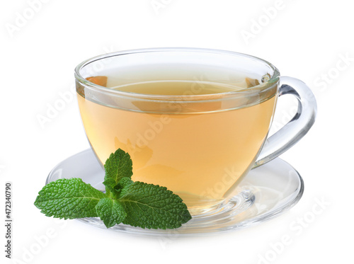 Cup of aromatic green tea with fresh mint on white background