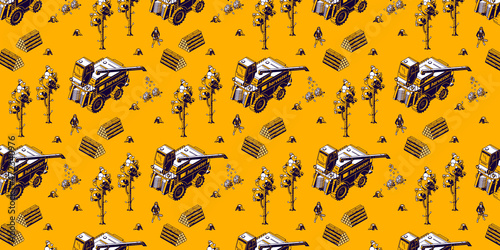Coffee farming and harvesting isometric seamless pattern. Farmers working on field care of plants and collecting crop with harvester machine, combine machinery field works, 3d vector line art ornament