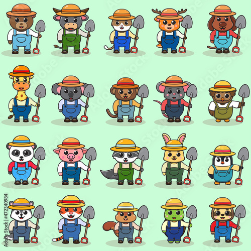 Vector illustration of Animal farmer cartoon wth Shovel. Cute Animal farmer character design with straw hat. Character flat design. isolated on white.