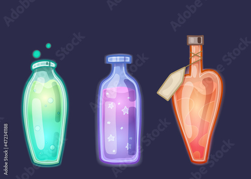 Set of various glowing magical potions, poisons and antidotes. Alchemy and Potion Making. Witch tinctures. Vector hand drawn flat bottles, flasks and jars for mobile games, stickers, applications