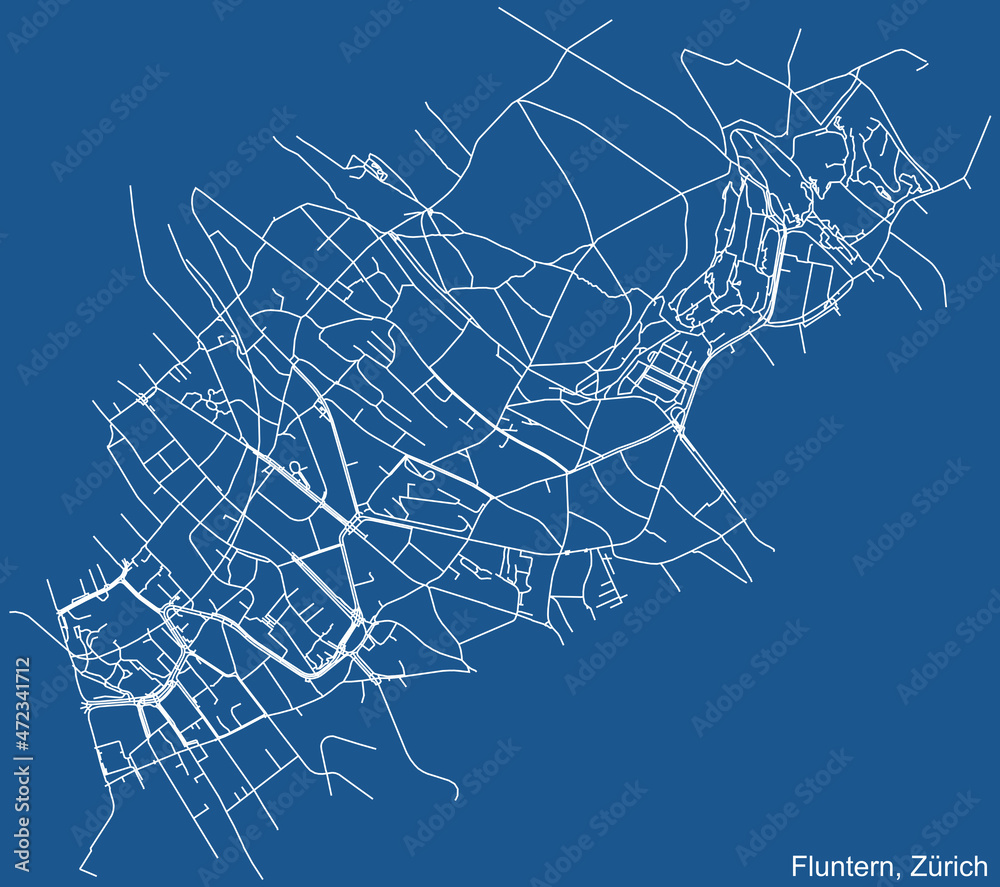 Detailed technical drawing navigation urban street roads map on blue background of the district Fluntern Quarter of the Swiss regional capital city of Zurich, Switzerland