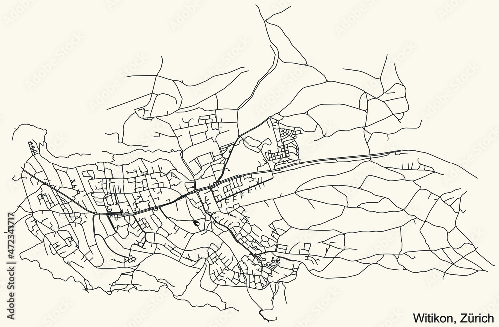 Detailed navigation urban street roads map on vintage beige background of the district Witikon Quarter of the Swiss regional capital city of Zurich, Switzerland