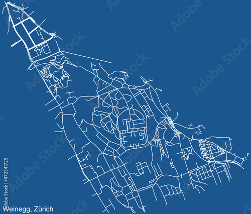 Detailed technical drawing navigation urban street roads map on blue background of the district Weinegg Quarter of the Swiss regional capital city of Zurich, Switzerland