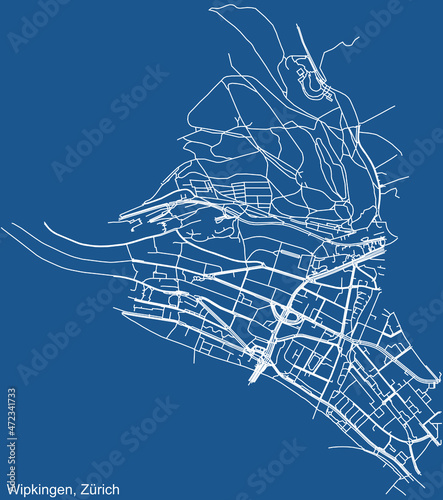 Detailed technical drawing navigation urban street roads map on blue background of the district Wipkingen Quarter of the Swiss regional capital city of Zurich, Switzerland
