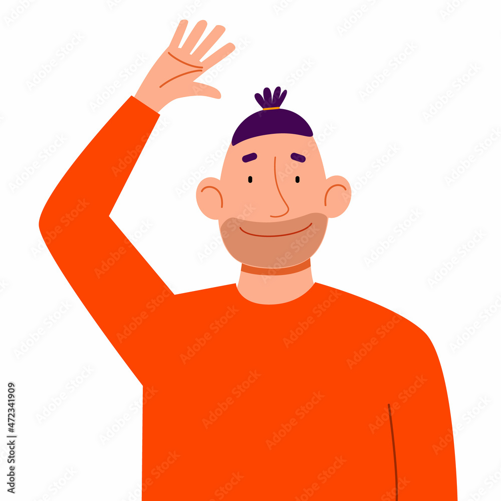 A fashionable male in casual clothes waves her hand. A flat vector illustration with a gesture of greeting a man.