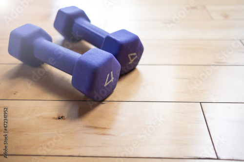 Two small purple dumbbells laying on a hardwood floor inside a gym 