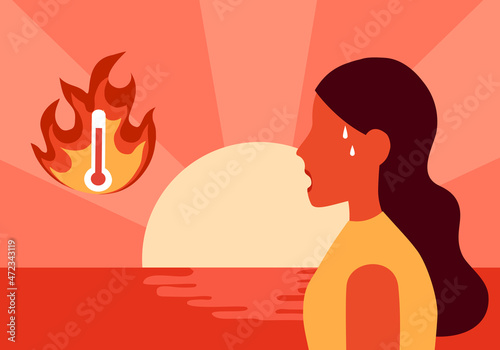 Woman suffering from heat and sweaty dehydration with strong sunlight nearby the sea in flat design. Hot summer day.