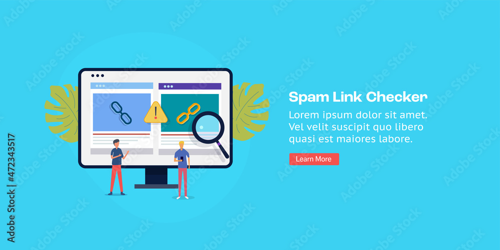SEO tool, spam link checker, link building software solution, seo link analysis concept. Flat design digital marketing web banner with character and text. 