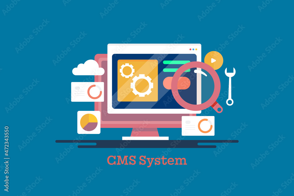 Content management system, cms panel interface displays on computer screen, managing content, data and information, blogging technology marketing cloud concept. Flat design web banner template. Content management system, cms panel interface displays on computer screen, managing content, data and information, blogging technology marketing cloud concept. Flat design web banner template.