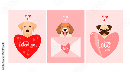 A set of Valentine's Day cards with cute dogs. Cartoon design.
