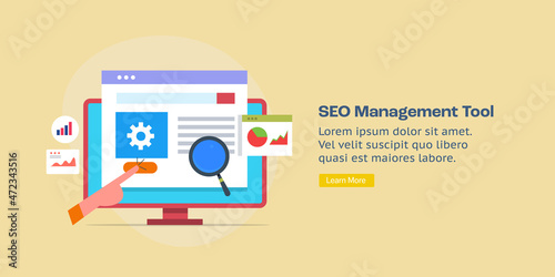 SEO management software application, company using seo automation technology, data driven AI seo marketing solution. Flat design web banner template.