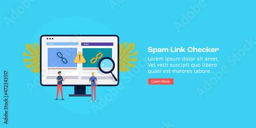 SEO tool, spam link checker, link building software solution, seo link analysis concept. Flat design digital marketing web banner with character and text. 