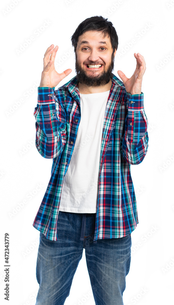 A bearded man in a shirt in a cage gritted his teeth and spread his arms. fan watching the game A bearded man in a shirt in a cage gritted his teeth and spread his arms. fan watching the game
