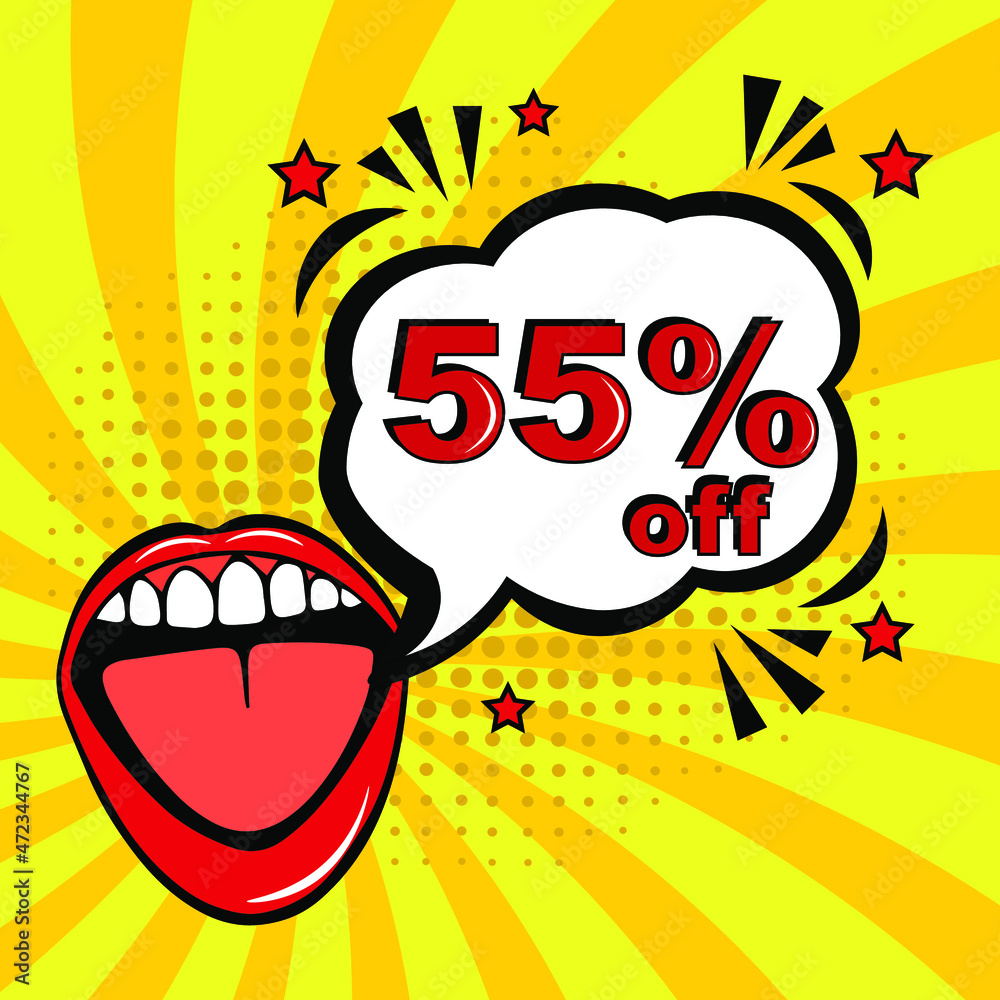 Fototapeta premium Pop art comic sale discount promotion banner. 55 percent off. Comic text 55 percent sale set discount. Promo sale fifty five percent poster