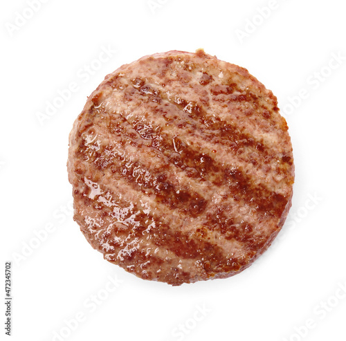 Tasty grilled hamburger patty isolated on white, top view