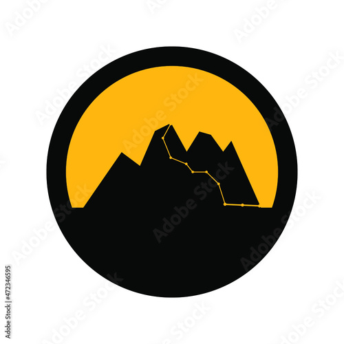 Mountains and path to the top  black and yellow colors  round sign for design on a white background  vector illustration