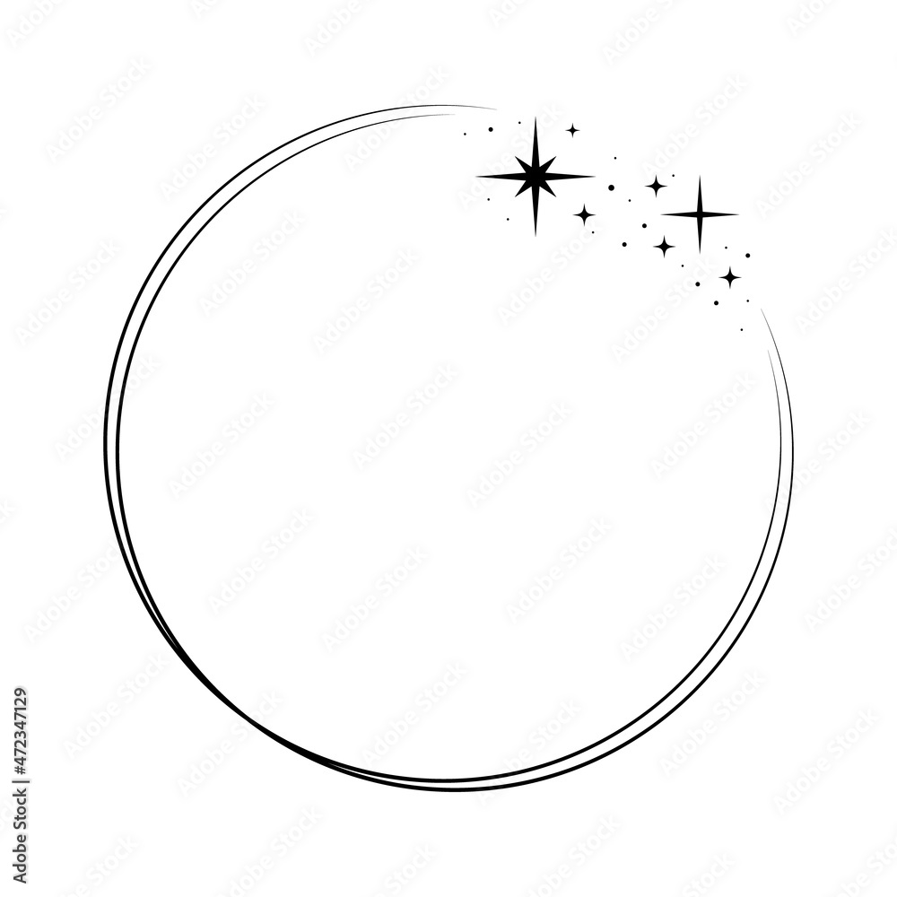 Sparkle star circle frame. Wreath round stardust border for party, birthday decor design. Laurel frame with, cosmic glitter shine. Isolated black flat vector illustration. Sparkle star circle frame. Wreath round stardust border for party, birthday decor design. Laurel frame with, cosmic glitter shine. Isolated black flat vector illustration.