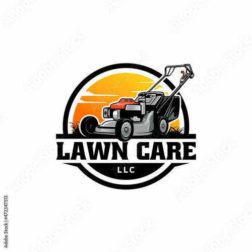 Lawn Care, Lawn Mower, Garden Maintenance Equipment Illustration Logo Vector