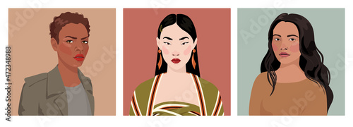 Set of portraits of women of different gender and age. Diversity. Vector flat illustration. Avatar for a social network.