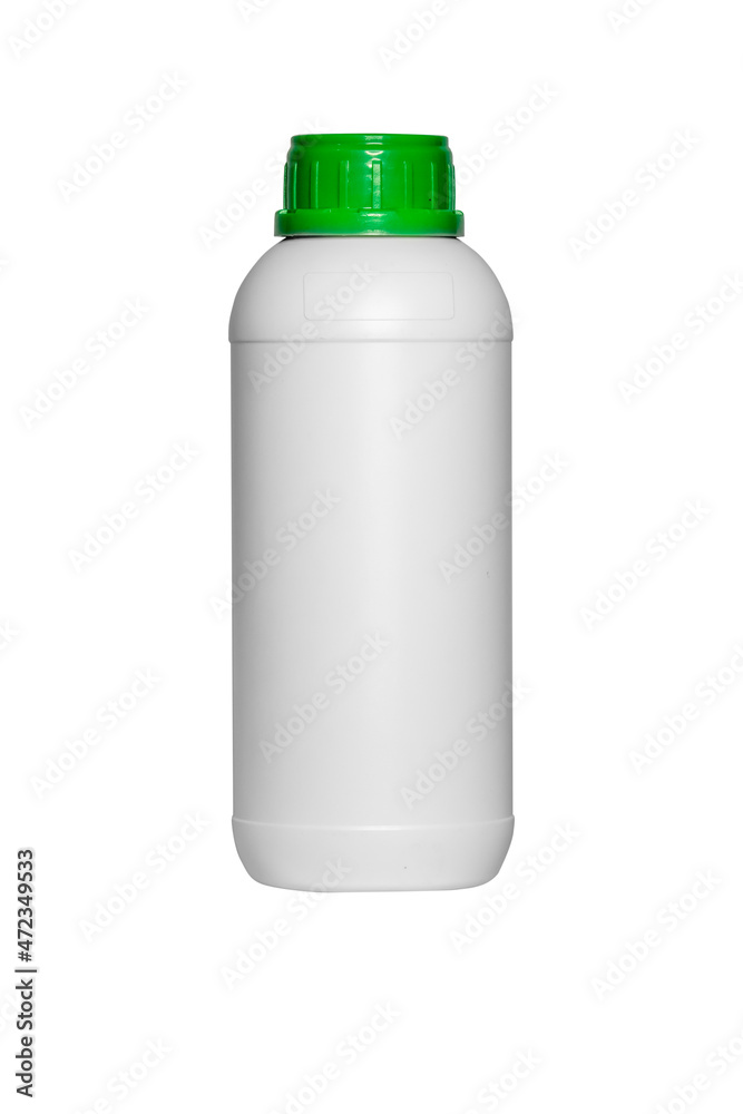 White pesticide bottle with green cap with white background White pesticide bottle with green cap with white background