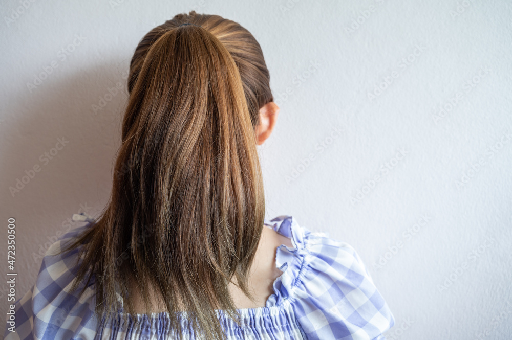 Young woman with ponytail hairstyle from behind. Women commonly wear their hair in ponytails in informal and office settings or when exercising. Young woman with ponytail hairstyle from behind. Women commonly wear their hair in ponytails in informal and office settings or when exercising.
