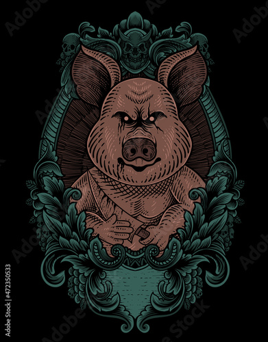 illustration vintage psychopath pig with engraving style
