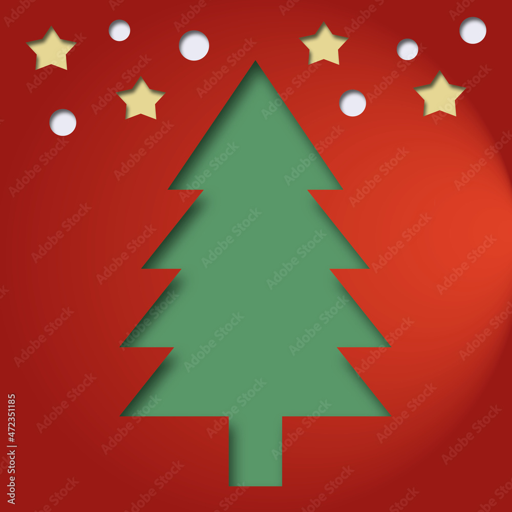 Christmas tree with stars, bauble and snow on red background. Merry Christmas and Happy New Year concept. Festive winter holiday background. Space for the text. paper art design style.