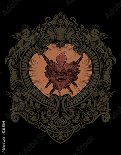 illustration antique heart attack with engraving style
