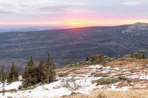 Beautiful sunrise from Dalny Taganay mountain. Taganay national Park, Zlatoust city, Chelyabinsk region, South Ural, Russia. photo