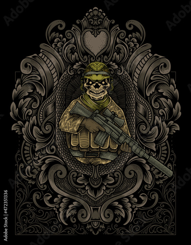 illustration vintage skull army with engraving style